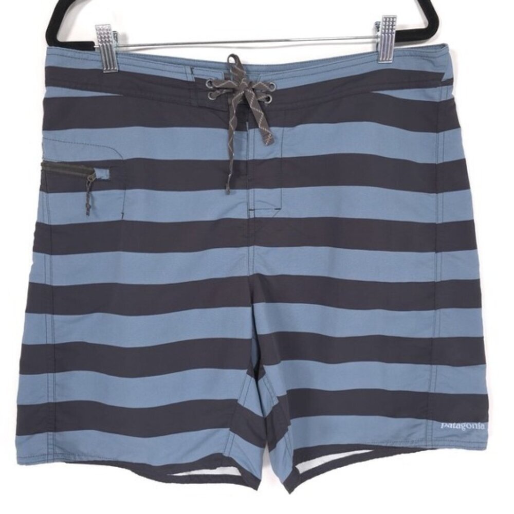 Patagonia Board Shorts 36 Swim Trunks Men's Blue Navy Stripe Zip Pocket Unlined
